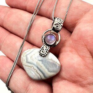 SAJEN Womens Necklace Blue Striped Gemstone Moonstone Sterling Silver Pendant